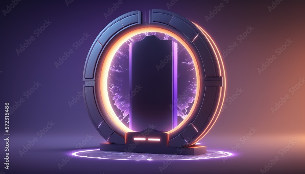 Poster futuristic portal. science fiction podium, pedestal, platform. modern empty cyberpunk space. technol