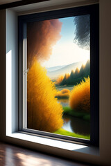 vue depuis une fenêtre avec décor d'automne nature sauvage en ia générative