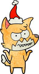 textured cartoon of a grinning fox wearing santa hat