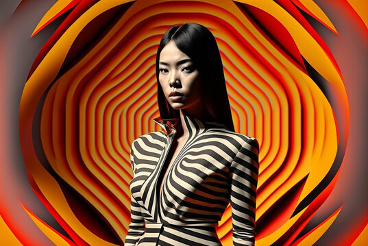 Fototapeta Generative ai optical art fashion portrait asian young woman posing looking camera