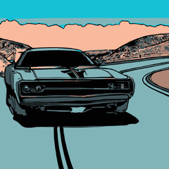 Modern Muscle Car Cruising On Road In Hills, Vector Drawing Style.