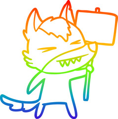 rainbow gradient line drawing angry wolf cartoon with placard