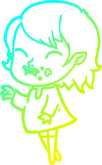 cold gradient line drawing cartoon vampire girl with blood on cheek