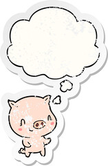 cartoon pig and thought bubble as a distressed worn sticker