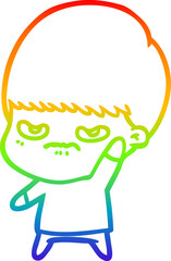 rainbow gradient line drawing annoyed cartoon boy