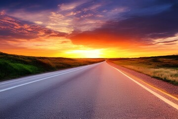 Fototapeta na wymiar Summer landscape on the highway. Highway landscape at colorful sunset. Road view on the beach in summer. Colorful seascape with beautiful road - generative ai