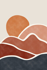 Boho Sun and Colorful Mountain Pattern Wall Art. Posters and Prints Murals. Abstract Creative Minimalist Illustrations.