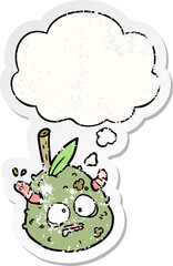 cartoon old pear and thought bubble as a distressed worn sticker