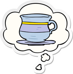 cartoon old tea cup and thought bubble as a printed sticker