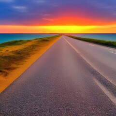 Obraz na płótnie Canvas Summer landscape on the highway. Highway landscape at colorful sunset. Road view on the beach in summer. Colorful seascape with beautiful road - generative ai