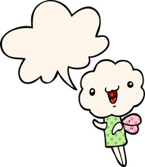 cute cartoon cloud head creature and speech bubble in comic book style