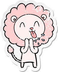 distressed sticker of a happy cartoon lion