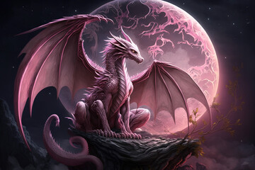 dragon on the moon digital illustration artwork. Fantasy art.