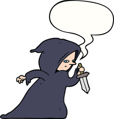cartoon assassin in dark robe and speech bubble