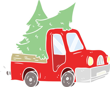 flat color style cartoon pickup truck carrying christmas trees