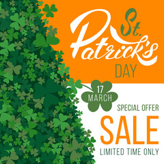 Naklejka premium St. patrick's day vector banner with sale text and clover leaves on green, white and orange background.