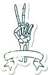 grunge sticker with banner of a skeleton hand giving a peace sign