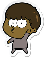 sticker of a cartoon curious boy waving