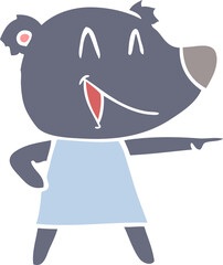 flat color style cartoon bear in dress laughing and pointing