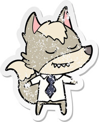 distressed sticker of a friendly cartoon boss wolf