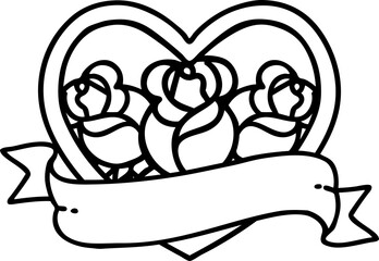 black line tattoo of a heart and banner with flowers