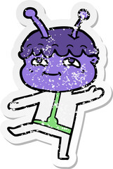 distressed sticker of a friendly cartoon spaceman dancing