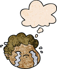 cartoon crying boy and thought bubble in grunge texture pattern style