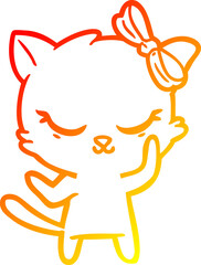 warm gradient line drawing cute cartoon cat with bow