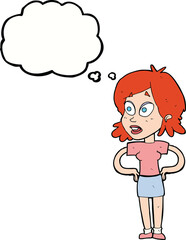cartoon woman with hands on hips with thought bubble