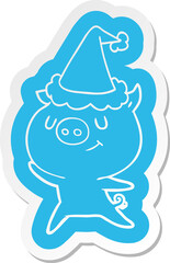 happy cartoon  sticker of a pig wearing santa hat