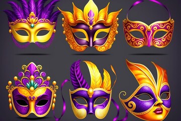 Fototapeta na wymiar Set of purple and yellow carnival mask mardi gras stock illustration Mardi Gras, Protective Face Mask, Cartoon, Bead, Bright