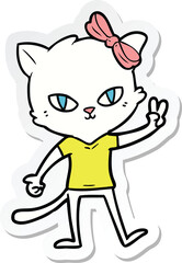 sticker of a cute cartoon cat girl giving peace sign