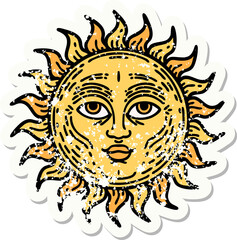 traditional distressed sticker tattoo of a sun with face