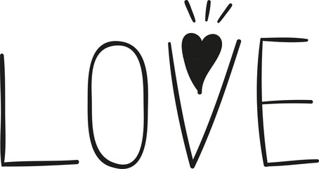 Love word with heart hand draw outline style