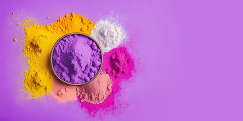Top view of colorful traditional holi powder in bowl with Splash. Copy space. Happy Holi. Concept Indian color festival. Generative AI
