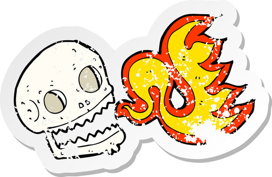 retro distressed sticker of a cartoon flaming skull