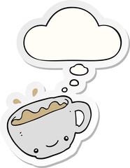cartoon cup of coffee and thought bubble as a printed sticker