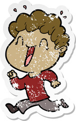 distressed sticker of a cartoon happy man