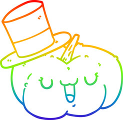 rainbow gradient line drawing cartoon pumpkin wearing hat