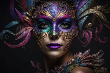 Printed roller blinds Carnival Beautiful Woman in Mardi Gras Mask and Makeup