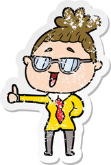 Naklejka premium distressed sticker of a cartoon happy woman wearing spectacles