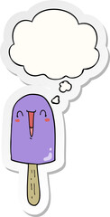 cartoon happy ice lolly and thought bubble as a printed sticker