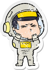 distressed sticker of a cartoon stressed astronaut