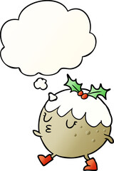 cartoon chrstmas pudding walking and thought bubble in smooth gradient style