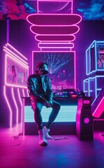 Gamer in Neon Light: High-Tech World of Gaming