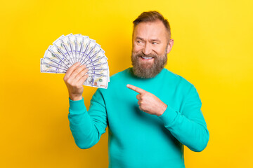 Photo of successful man millionaire wear trendy clothes presenting win casino lottery usd isolated...