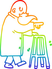 Obraz na płótnie Canvas rainbow gradient line drawing cartoon old man with walking frame
