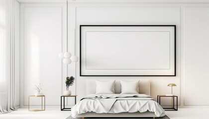 a big wall art frame mockup with white background, simple and elegant, bedroom interior, abstract design, clean lines, wall art in bedroom, bedroom decor, wall decor, AI generat
