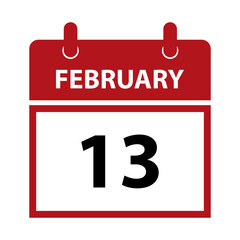 February 13. Vector flat daily calendar icon. Date and time, day, month for birthday, anniversary, appointment, remainder or event. Holiday. World Radio Day, National Women's Day.