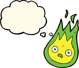 cartoon friendly fireball with thought bubble